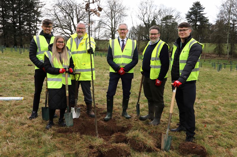 group of employees in hi-vis standing around a newly planted tree